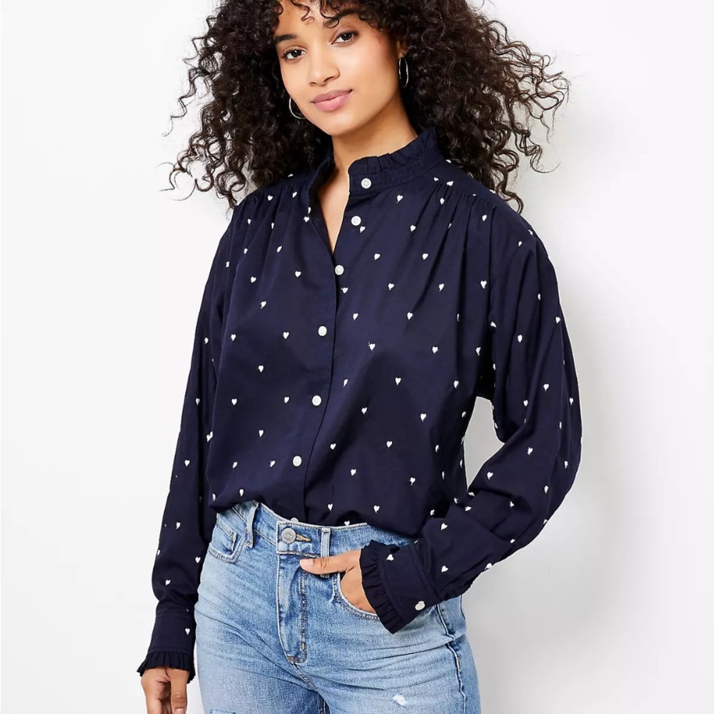 ANN TAYLOR LOFT | Navy Blue Heart Print Blouse | Size XXSP